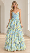Front view of model wearing sky blue floral strapless tiered tulle maxi dress