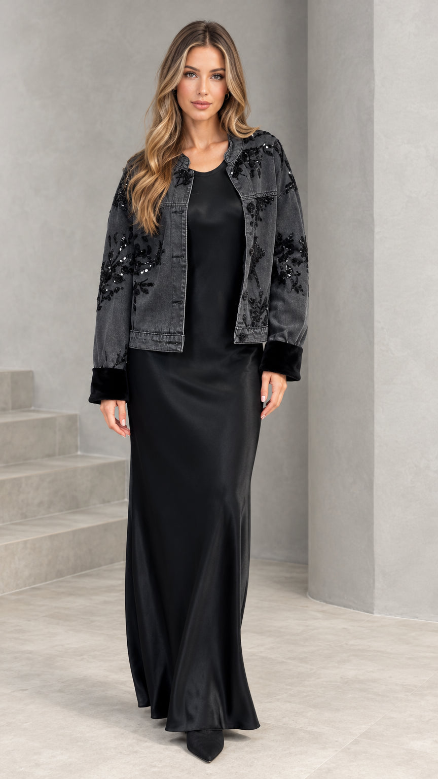 Full front view of black sequin embroidered jacket and satin maxi slip dress set