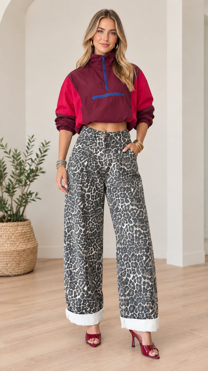 Front full view of woman wearing burgundy cropped half-zip windbreaker and leopard print wide-leg pants with heels