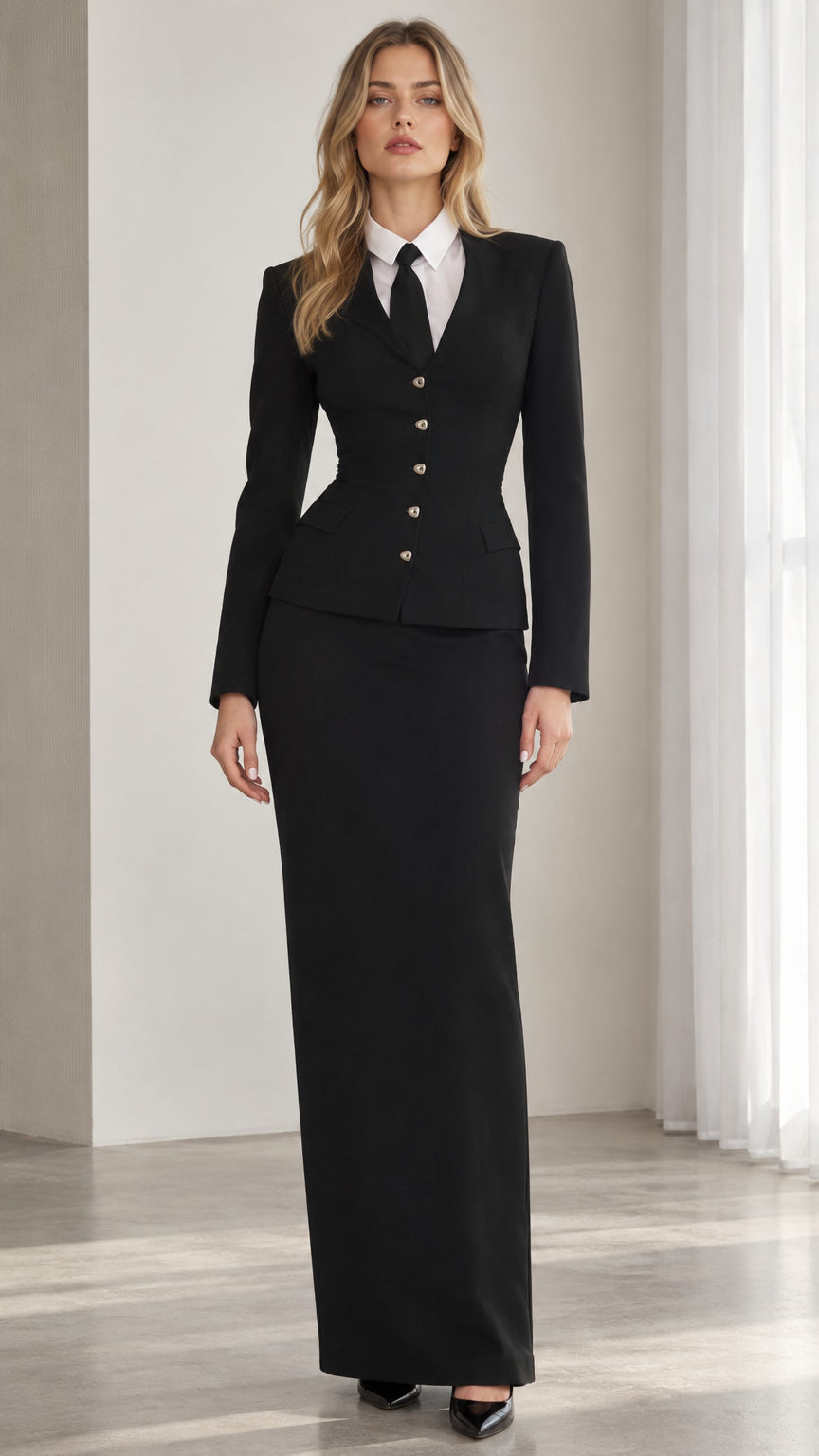 Front view of model wearing black tailored multi-button blazer and matching maxi column skirt