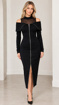 Front view of black mesh mock neck cold shoulder zip front midi bodycon dress