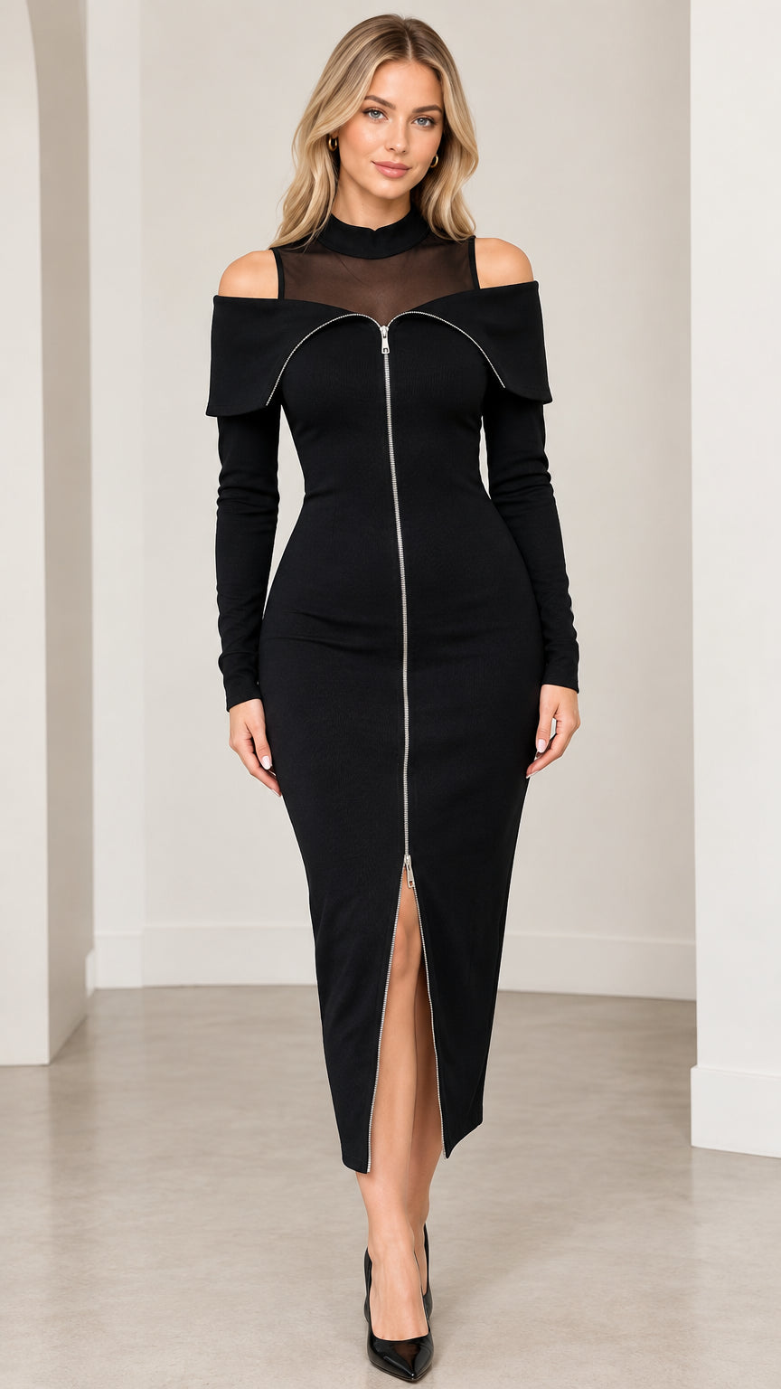 Front view of black mesh mock neck cold shoulder zip front midi bodycon dress