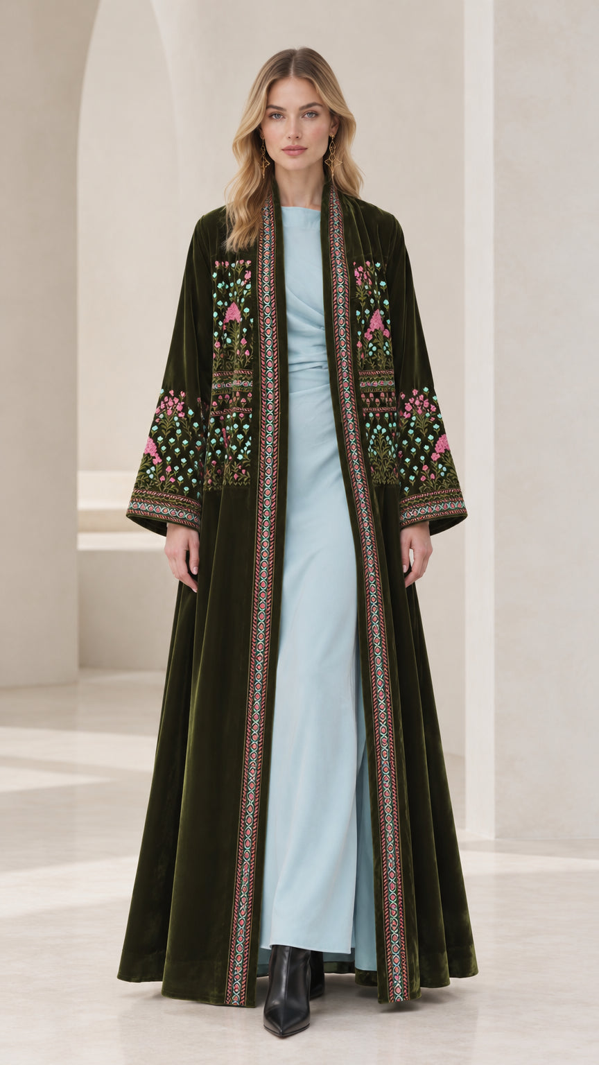 Model wearing Dark Green embroidered velvet maxi open abaya kimono front view