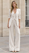 Full front view of a woman wearing a beige three-piece pinstripe suit with blazer, vest, and wide-leg pants