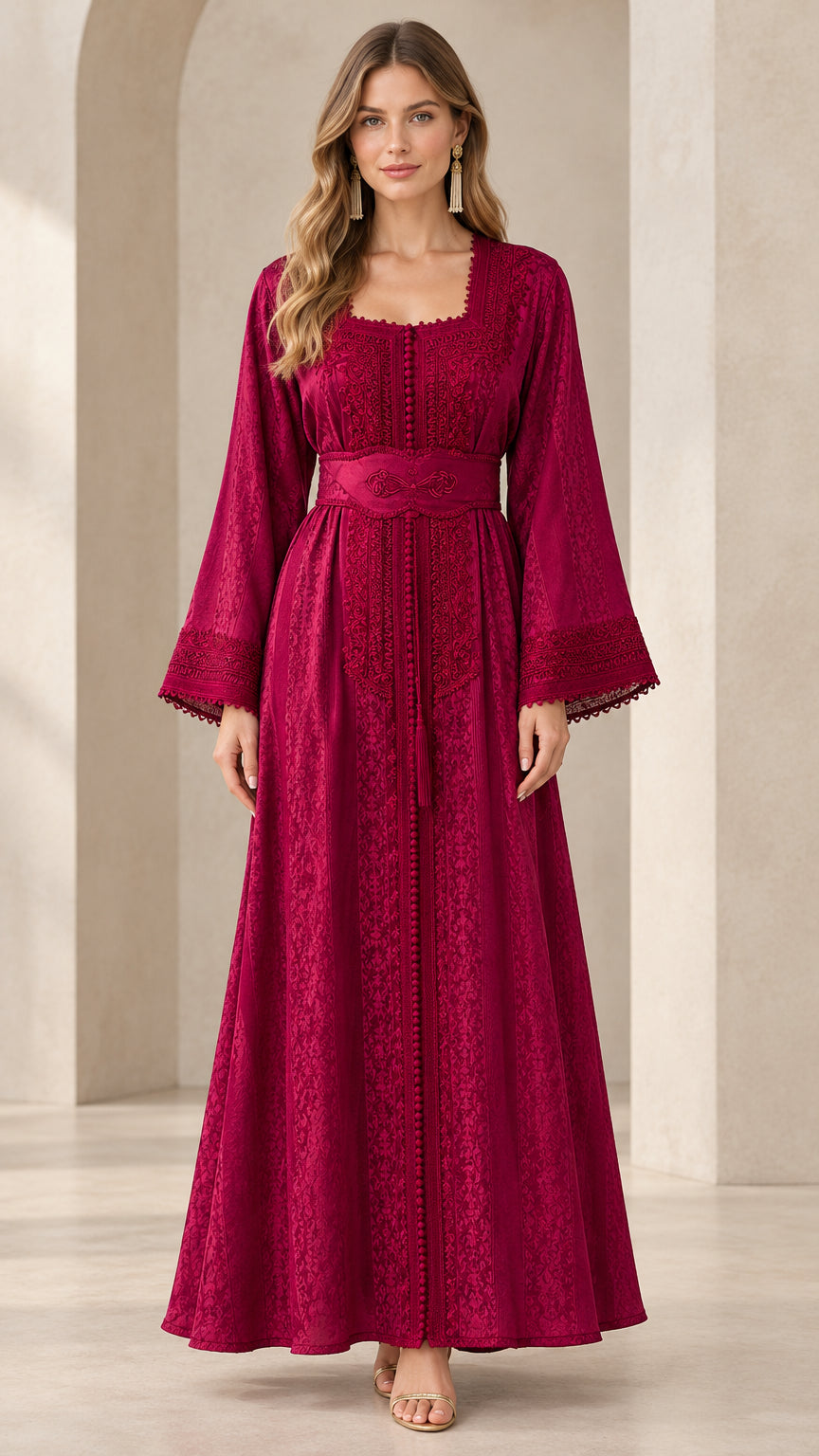 Berry Red embroidered square neck maxi dress front view with flared sleeves