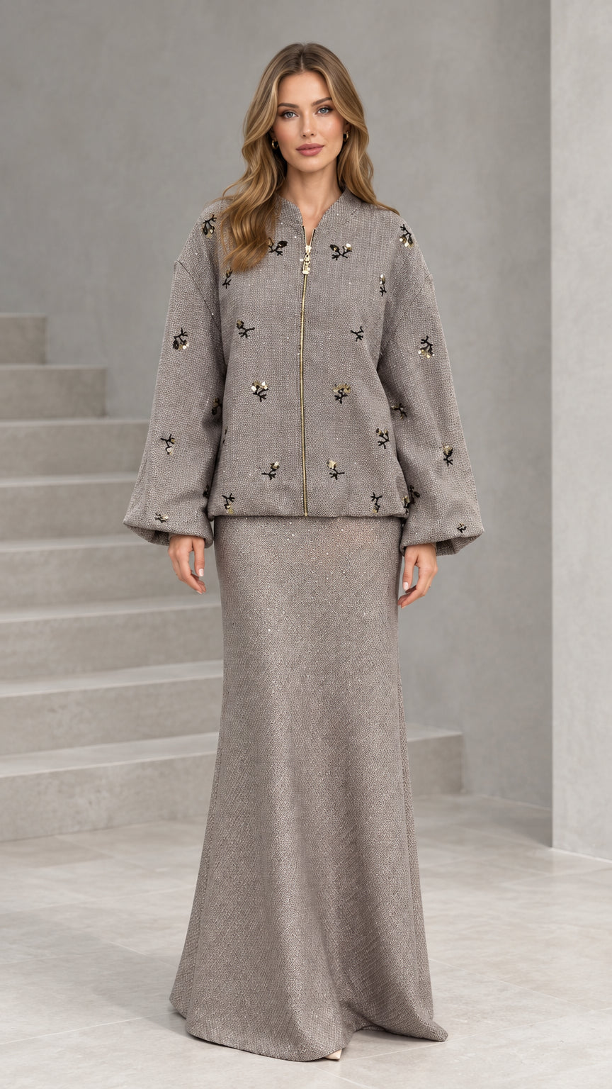 Front view of woman wearing taupe embellished zip jacket and matching maxi skirt set