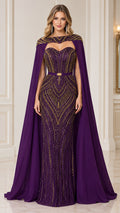 Purple embellished sweetheart evening gown with long cape front view