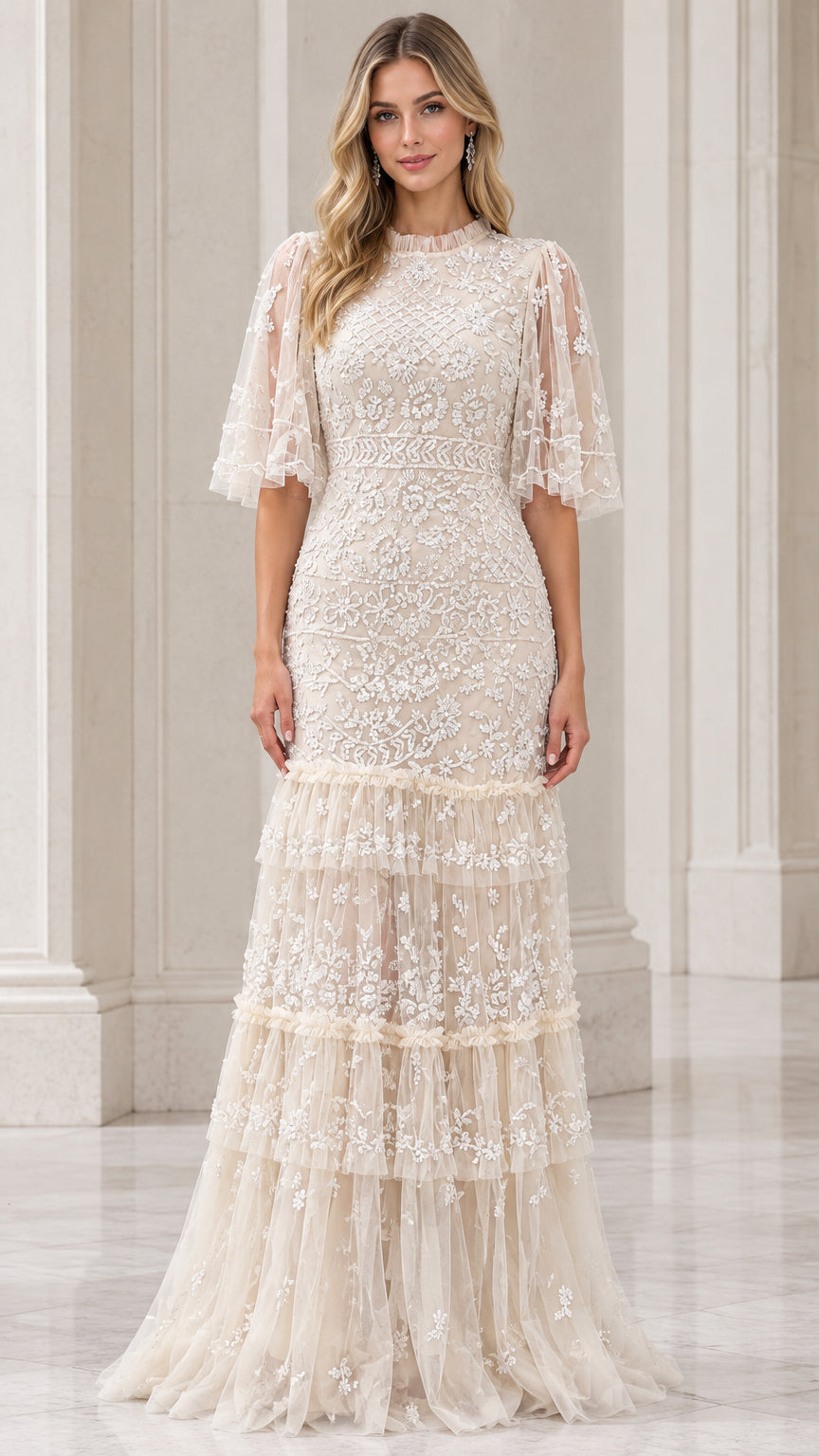 Front view of champagne floral embroidered tiered maxi evening dress with flutter sleeves