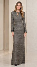 Front view of woman wearing a long sleeve charcoal grey tweed textured maxi evening dress