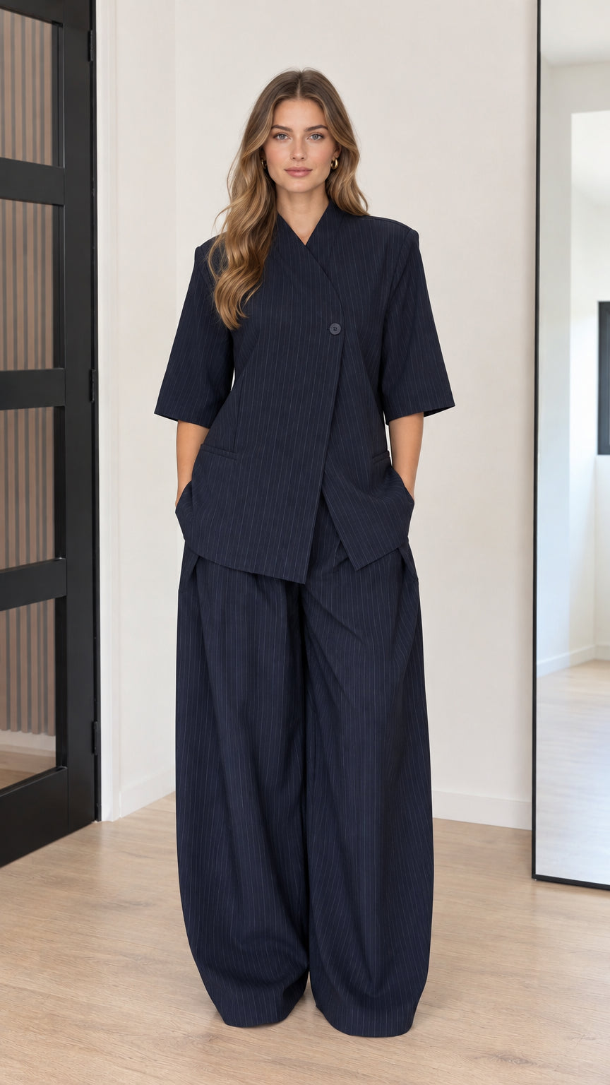 Front view of model wearing Navy Blue asymmetrical short sleeve top and wide-leg pants set