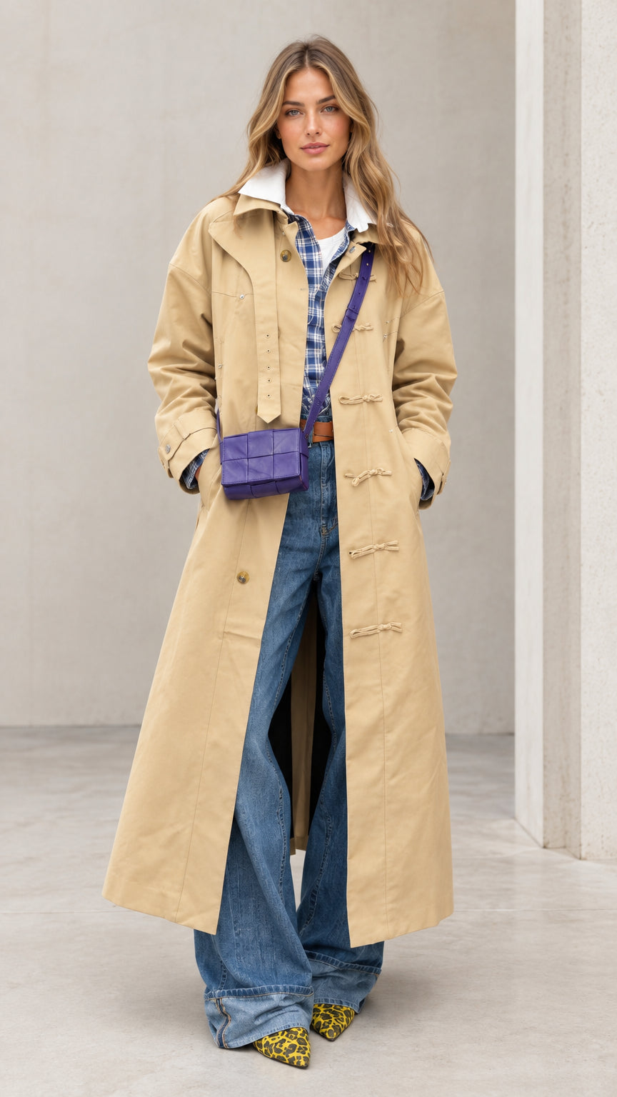 Front full view of woman wearing khaki maxi trench coat with denim and purple crossbody bag