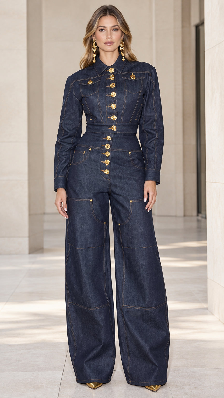 Front full-length view of woman wearing dark blue wide-leg denim jumpsuit with gold buttons