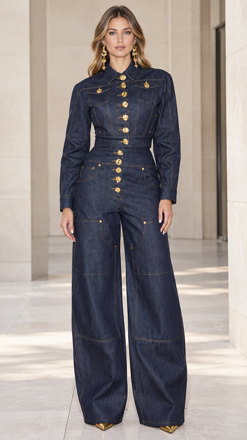 Front full-length view of woman wearing dark blue wide-leg denim jumpsuit with gold buttons