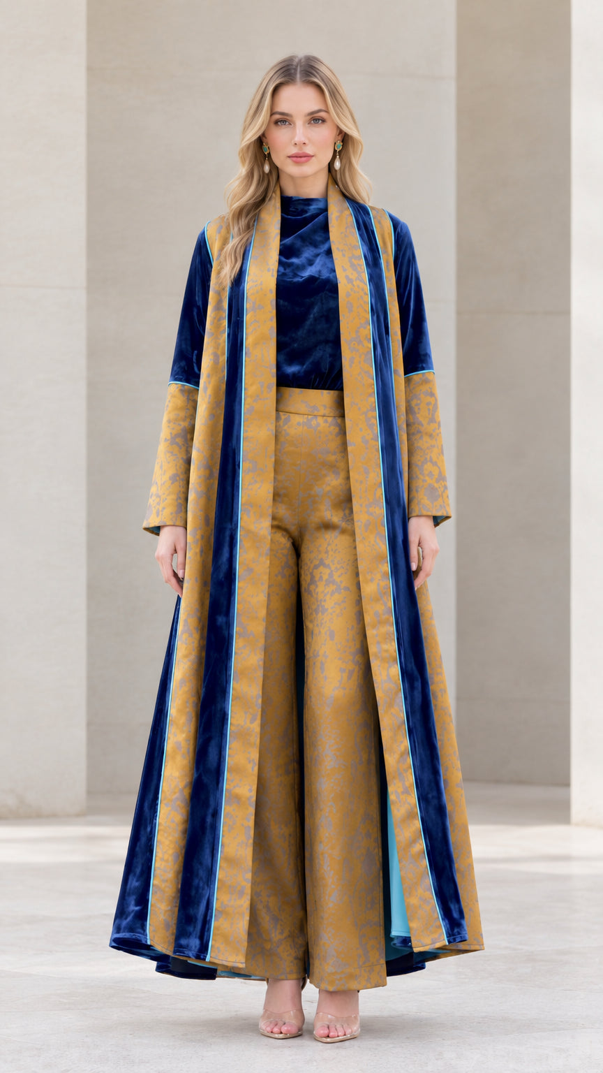 Front full-length view of model wearing Mustard and Royal Blue velvet jacquard 3-piece duster and pants set