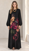 Front view of black floral print long sleeve maxi dress