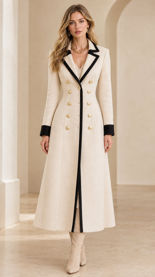 Front full-length view of woman wearing cream maxi coat with black contrast trim and gold crest buttons
