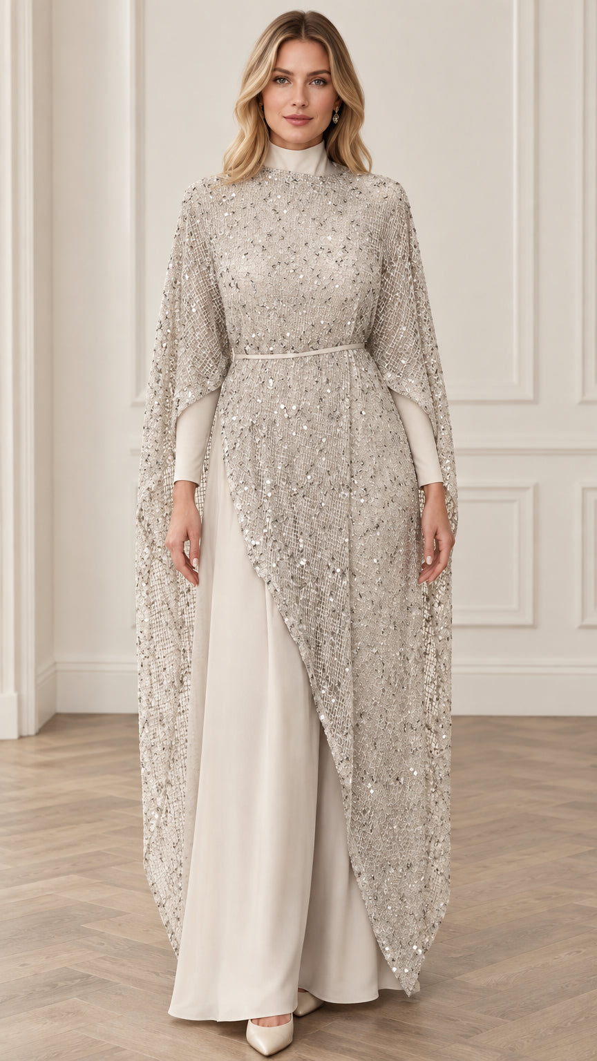 Champagne sequin cape high neck wide leg formal evening jumpsuit front view