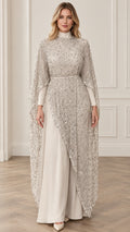 Champagne sequin cape high neck wide leg formal evening jumpsuit front view