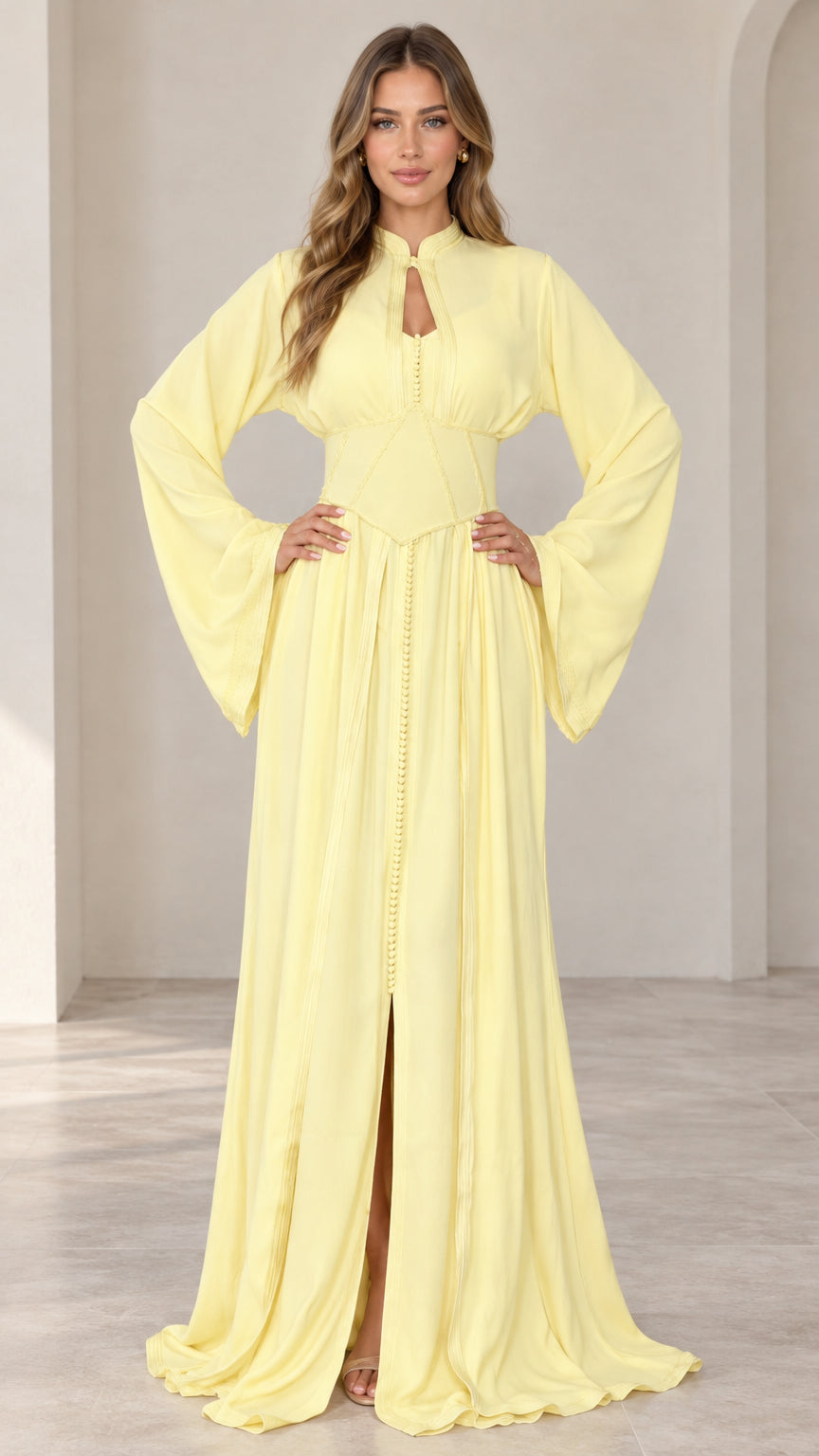 Pastel yellow dramatic flared sleeve keyhole maxi dress front view