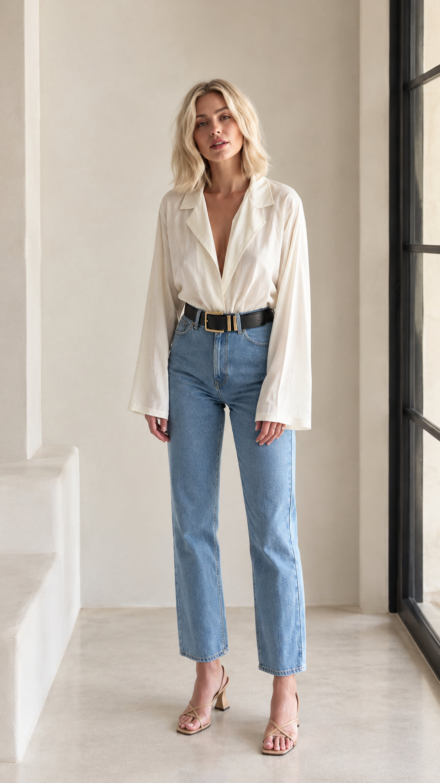 Front full view of woman wearing cream lapel V-neck flare sleeve blouse with jeans
