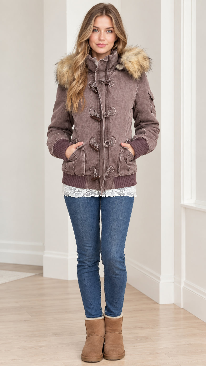 Full front view of women's taupe brown fleece-lined hooded parka jacket with faux fur trim