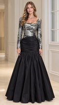 Front view of black evening ball gown with silver sequin long sleeve bodice