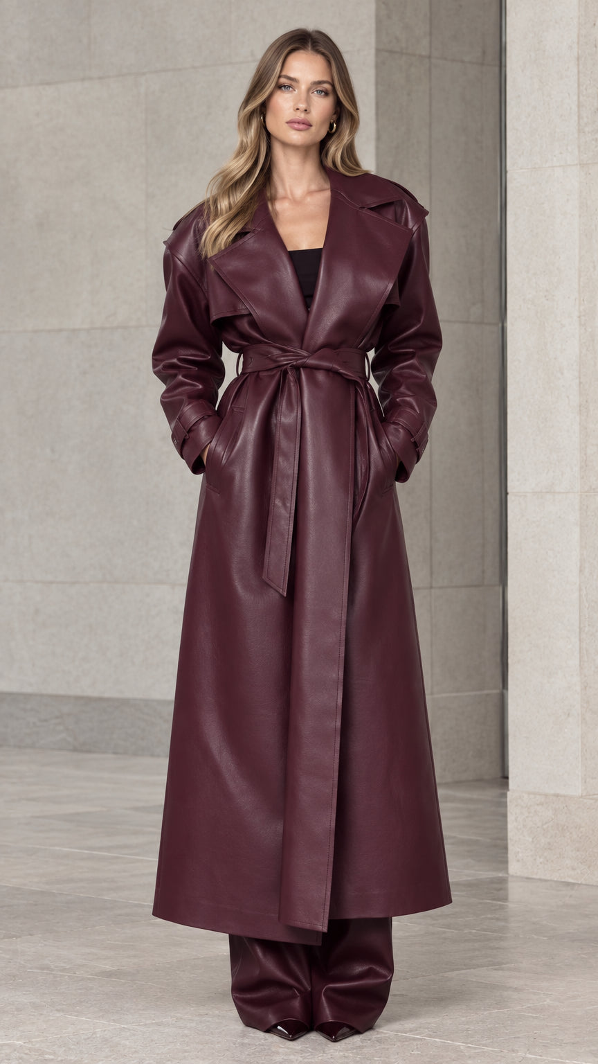 Front view of model wearing a long burgundy faux leather belted trench coat