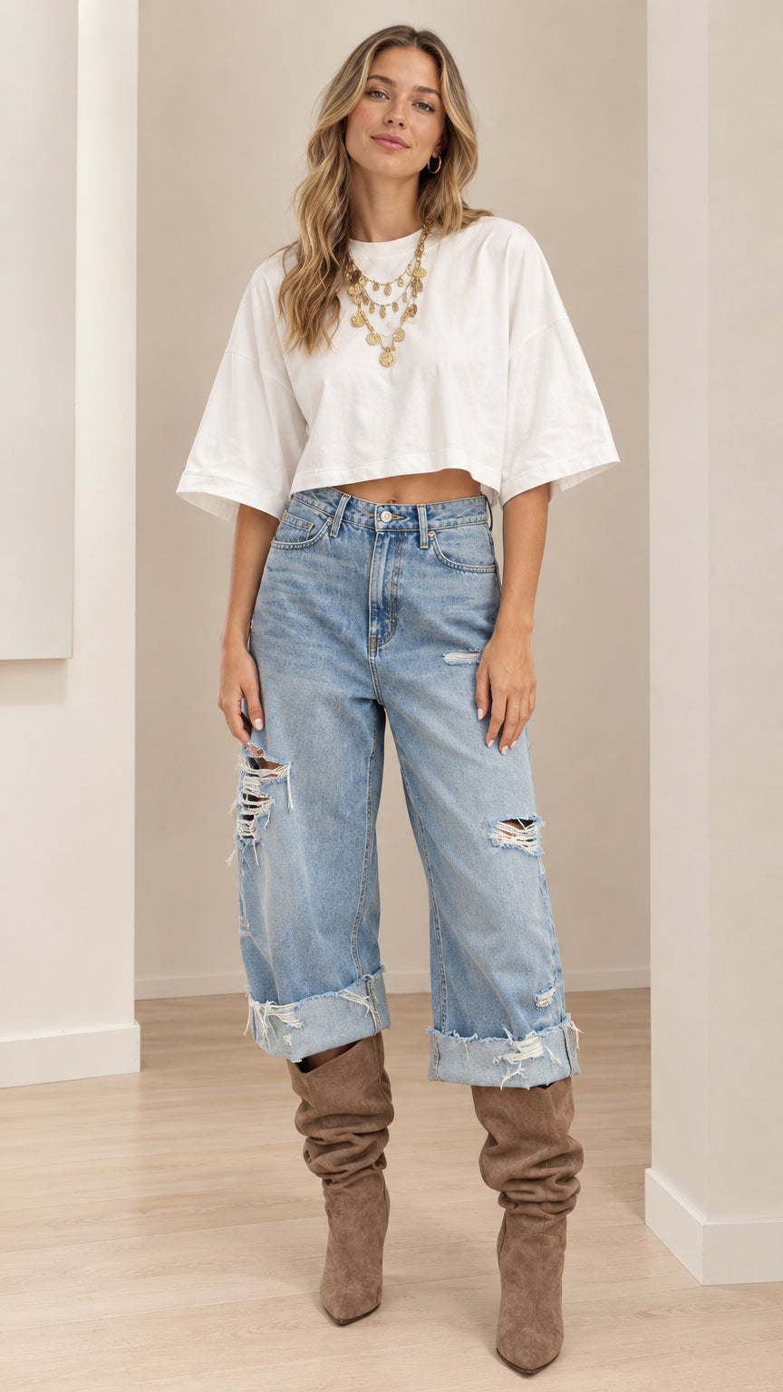 Model wearing white boxy cropped t-shirt and light-wash distressed cuffed denim jeans with slouchy boots - front view