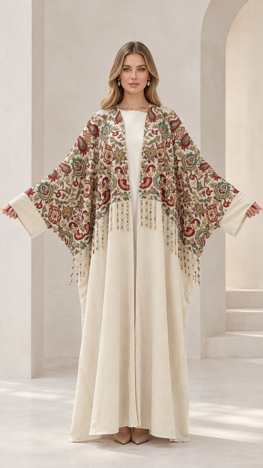 Front view of cream floral embroidered abaya maxi dress with fringe detail