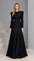 Front full view of woman wearing black long sleeve sequin lace maxi evening gown