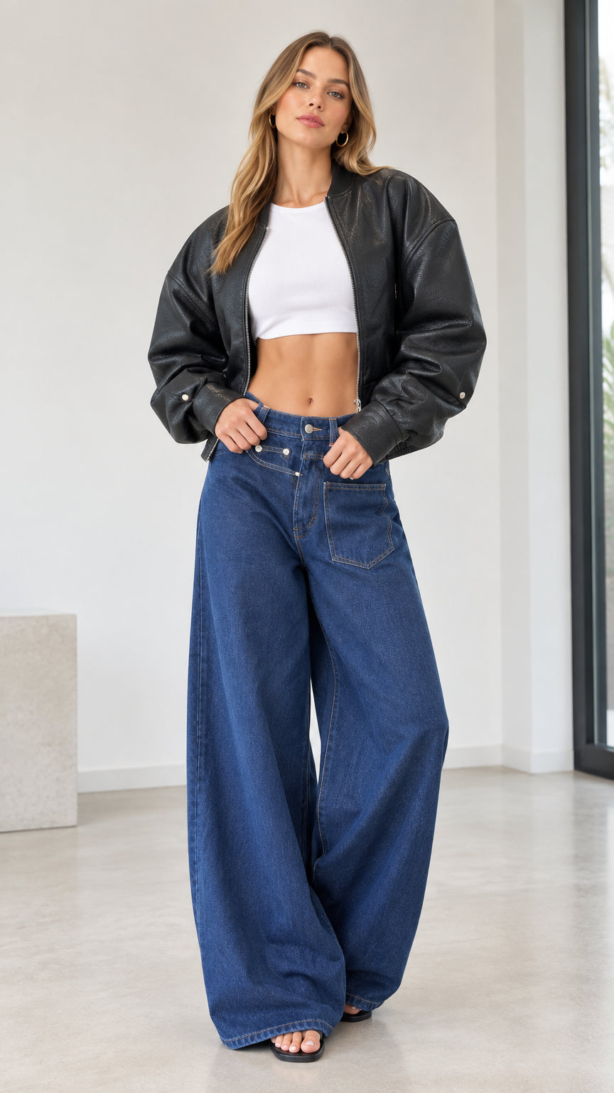 Front full view of model wearing black cropped bomber jacket and wide leg blue jeans