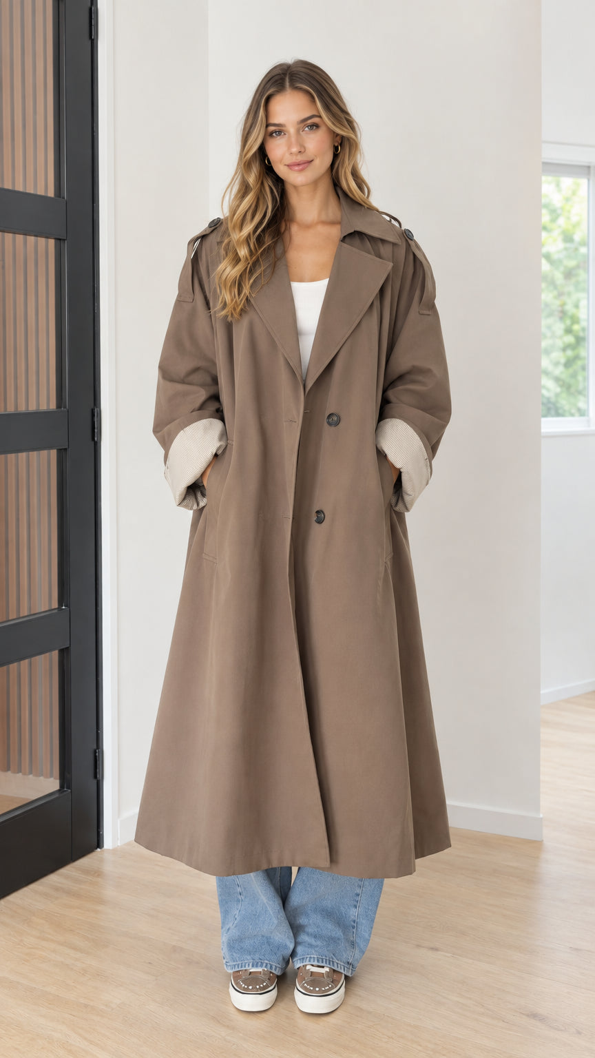Front full-length view of model wearing taupe brown oversized maxi trench coat with turned ribbed cuffs
