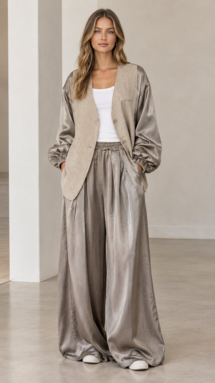 Front full-length view of woman wearing taupe silky jacket and matching wide-leg trousers