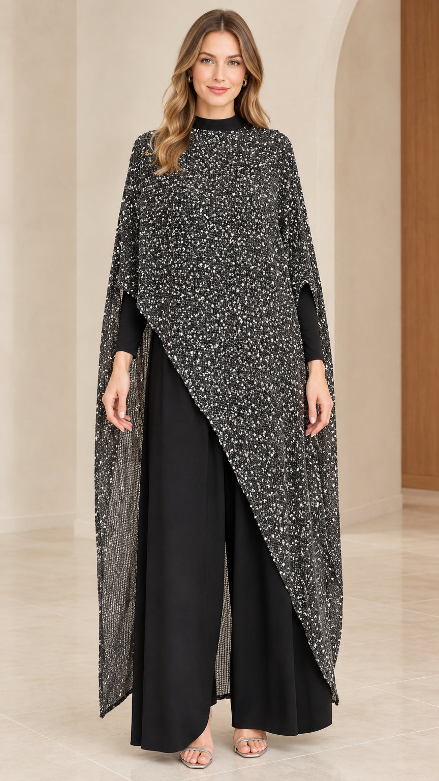 Front full view of black two-piece set featuring shimmering asymmetrical cape and wide-leg pants