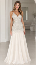 Front view of model wearing ivory beaded bodice sleeveless maxi evening dress