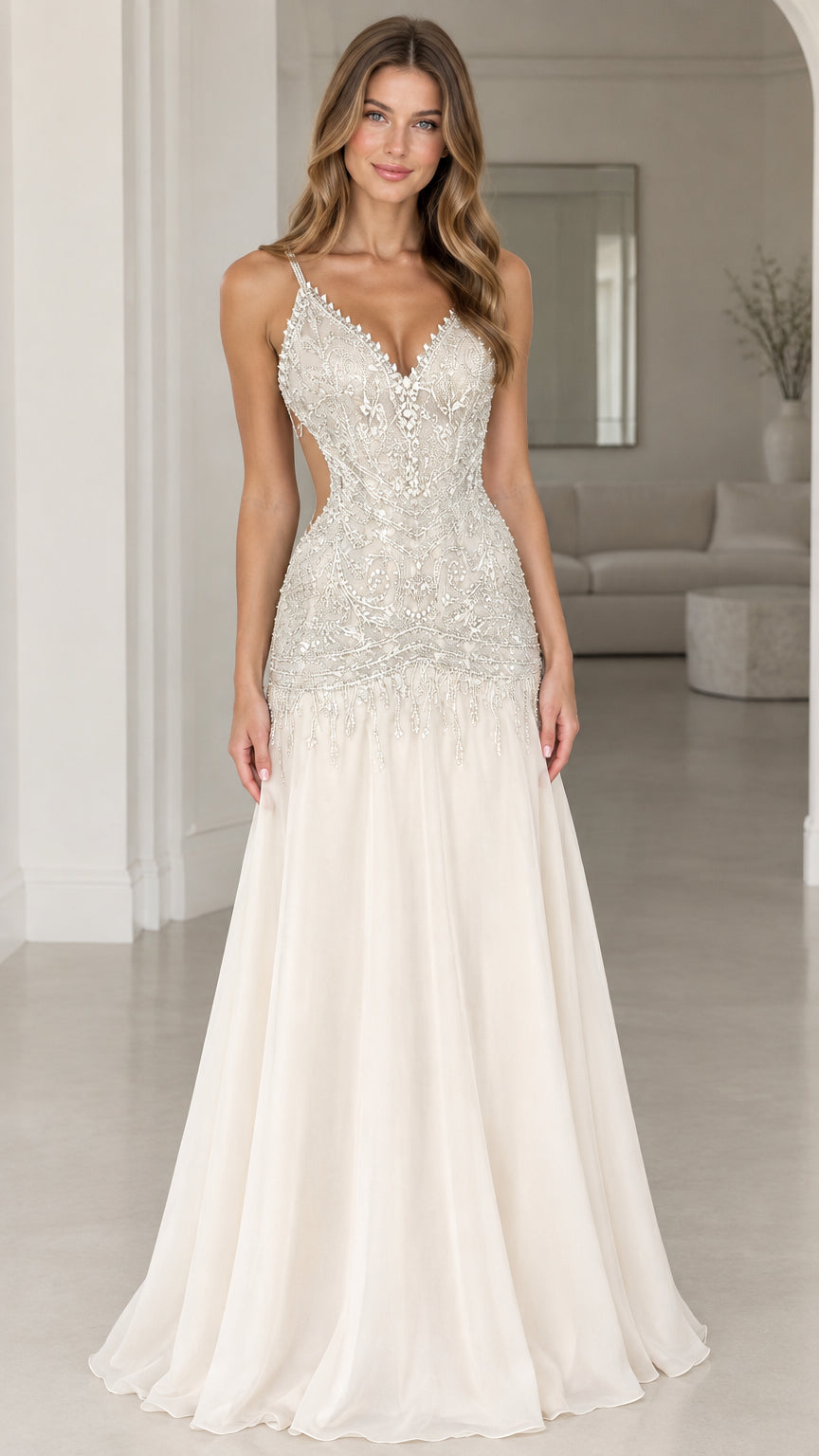 Front view of model wearing ivory beaded bodice sleeveless maxi evening dress