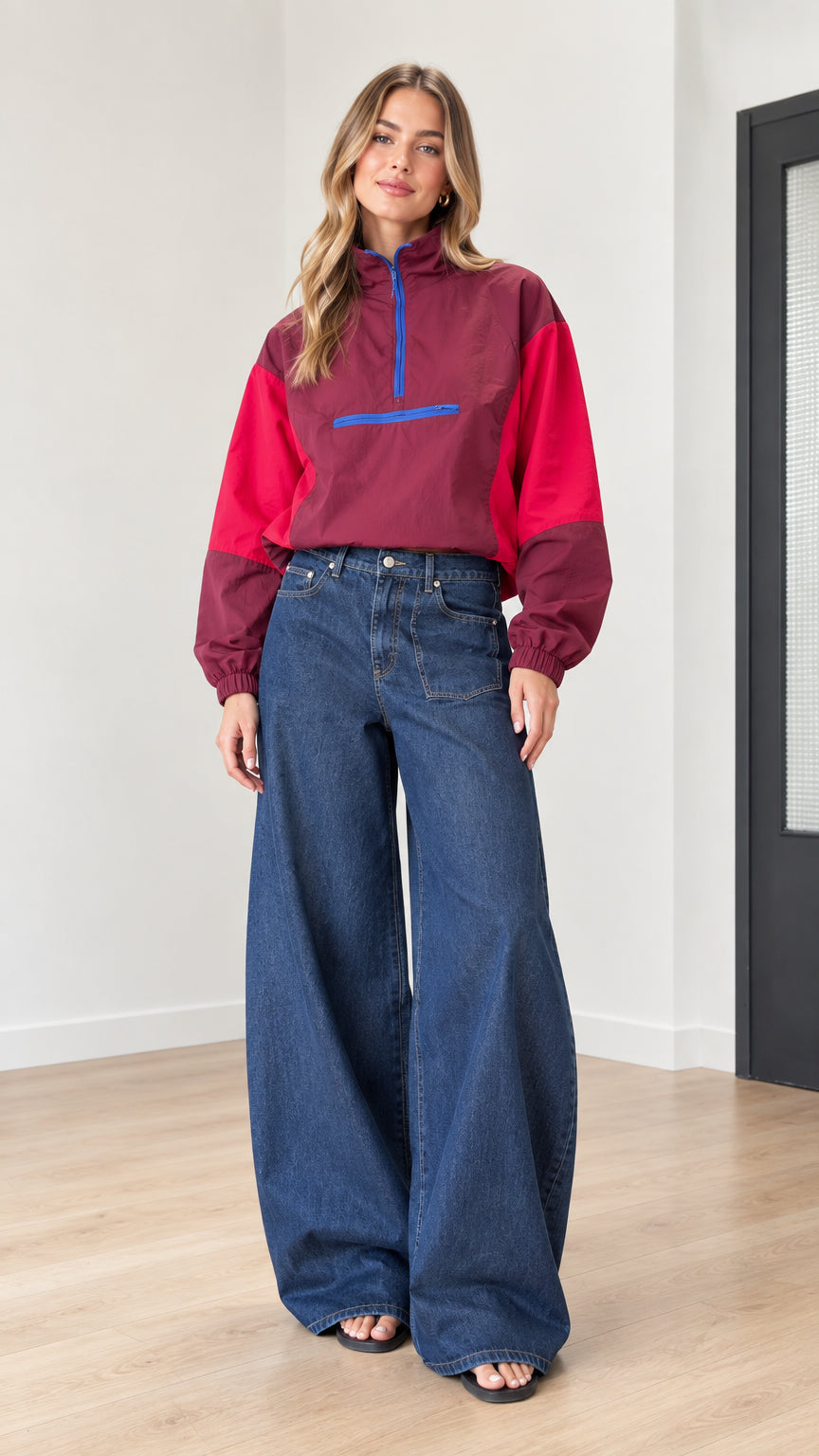 Front view of woman wearing burgundy and red color-block half-zip windbreaker with wide-leg jeans