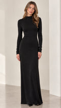 Front view of model wearing black mock neck long sleeve bodycon maxi dress