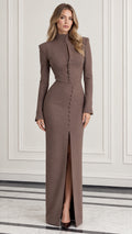 Front full-length view of model wearing mocha brown high-neck long sleeve buttoned top and slit maxi skirt set