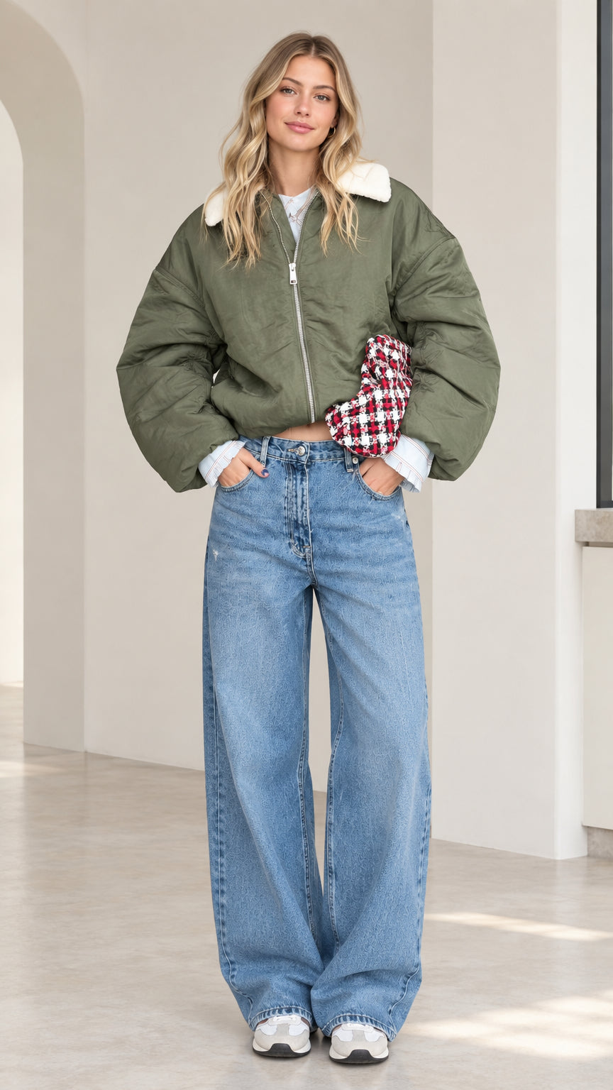 Front full-length view of model wearing olive green cropped puffer bomber jacket with white fleece collar and wide leg jeans