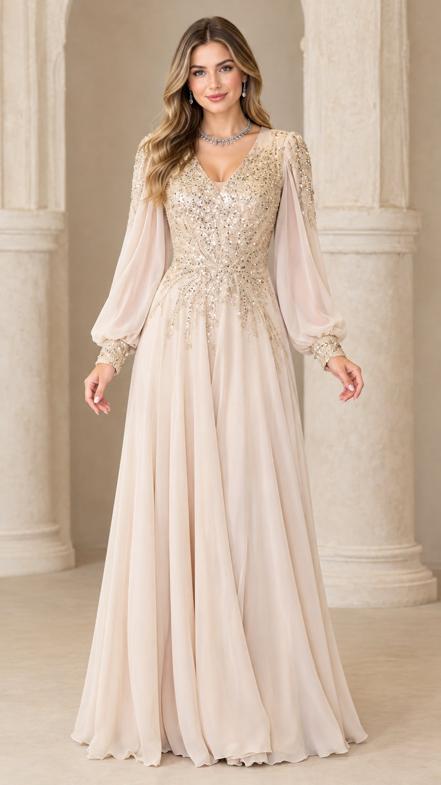 Front view of champagne sequin bodice bishop sleeve evening maxi gown
