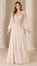 Front view of champagne sequin bodice bishop sleeve evening maxi gown