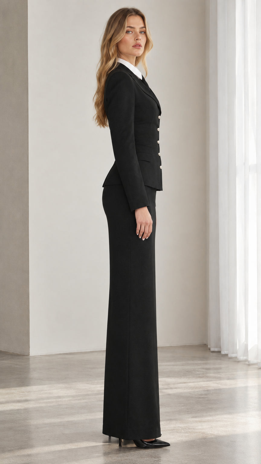 Side profile view of model wearing black 2-piece blazer and long skirt suit set