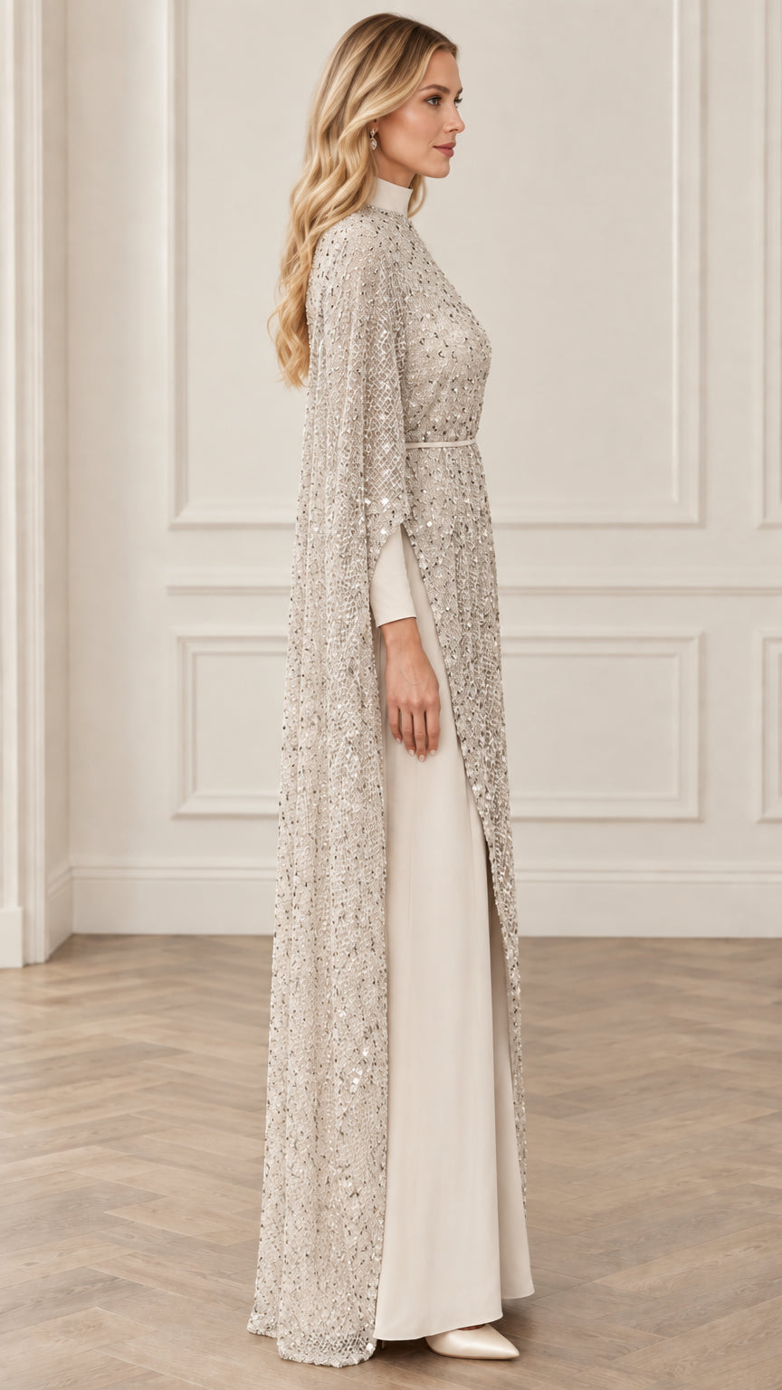 Champagne sequined cape jumpsuit side profile showing asymmetric drape