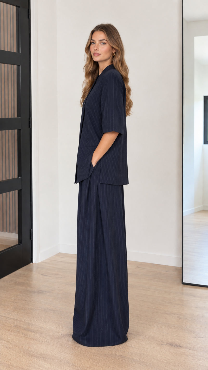 Side profile view of Navy Blue two-piece asymmetrical top and wide-leg pants set