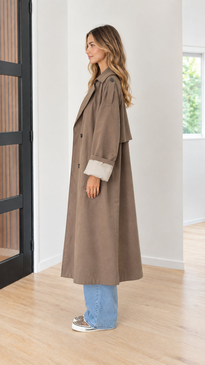 Side profile view of taupe brown long duster trench coat paired with wide-leg jeans