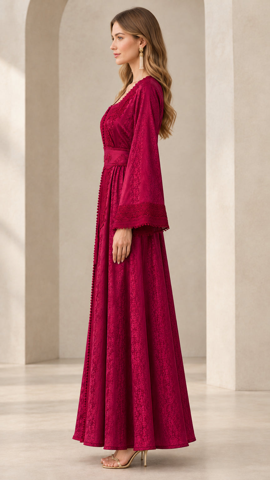 Berry Red long sleeve formal maxi dress side view