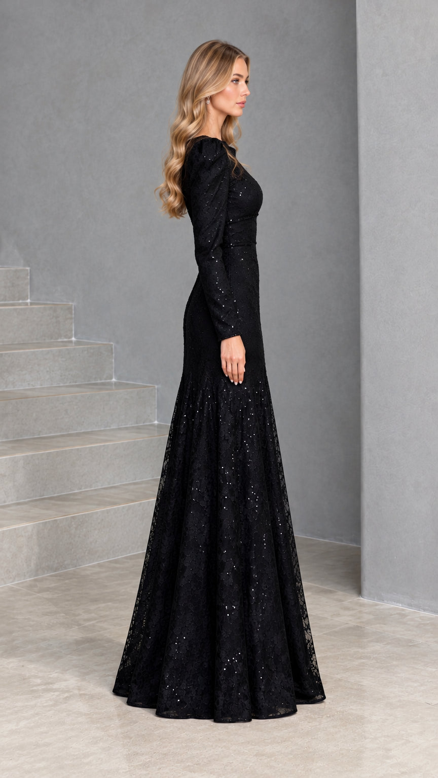 Side profile view of woman modeling black sequin lace floor-length formal dress