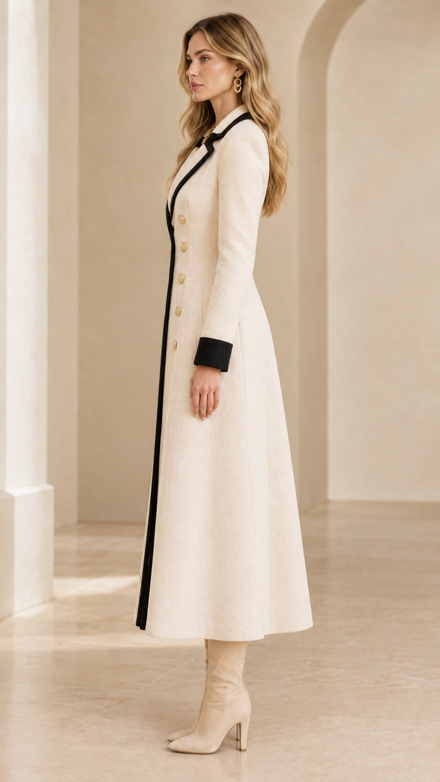 Side profile view of cream double-breasted maxi coat with black trim and tall beige boots