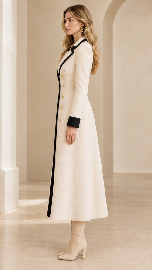 Side profile view of cream double-breasted maxi coat with black trim and tall beige boots